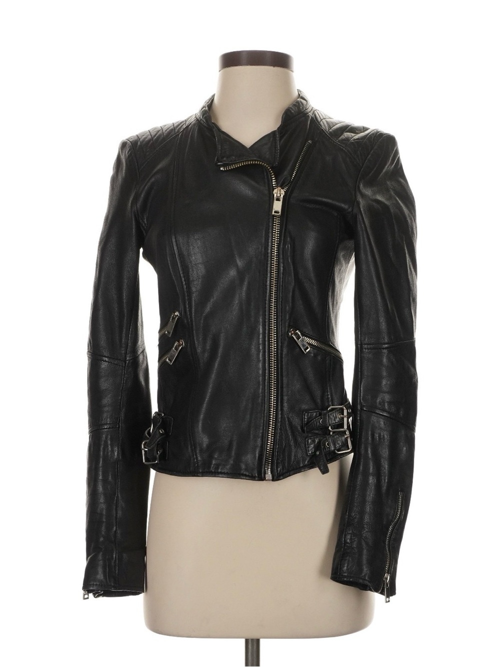 Zara Black Leather Moto Jacket with Buckle Accents